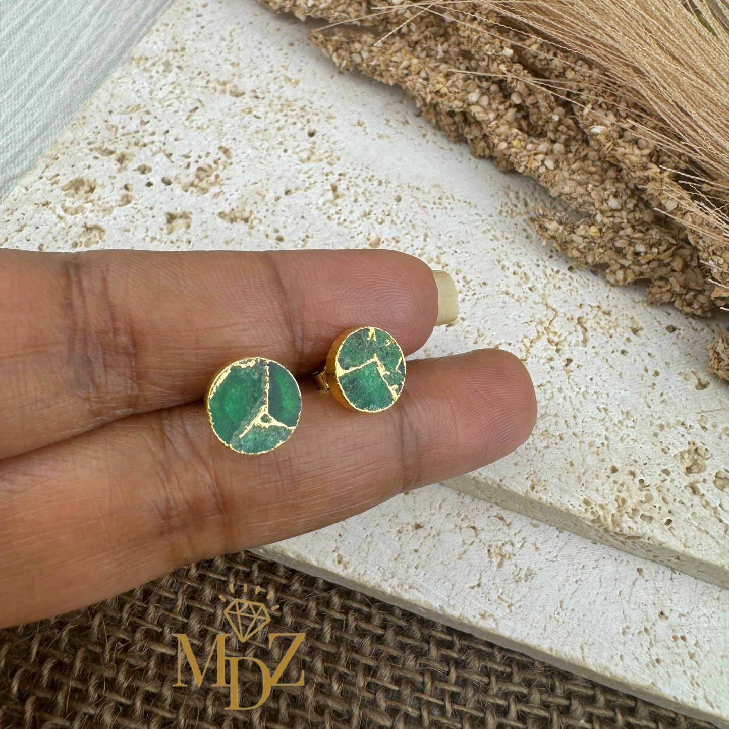 Emerald Mojave Turquoise Kintsugi Studs, Minimalist Emerald Earrings, Green-Gold Circle Studs, May Birthstone Jewelry.