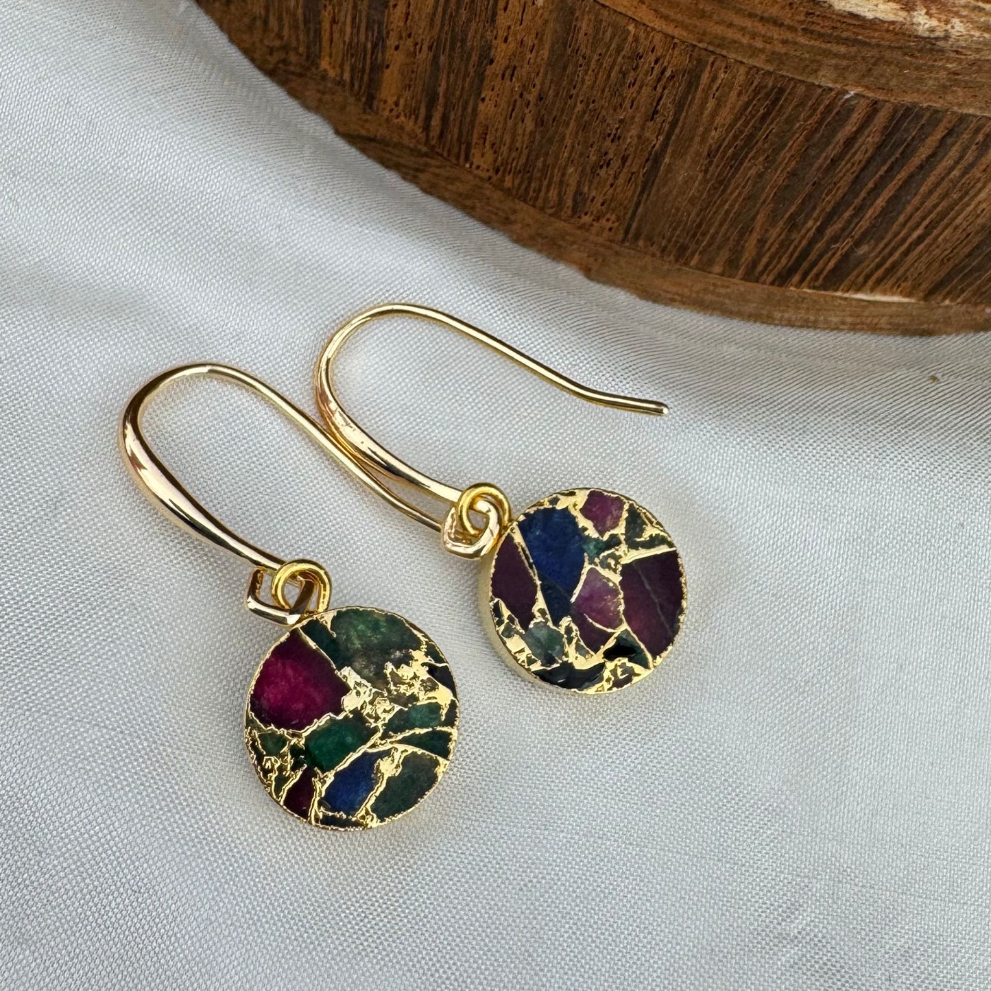 Gold Multi Color Mojave Turquoise Dangle Earrings: Kintsugi Inspired Minimalist Rainbow Earrings