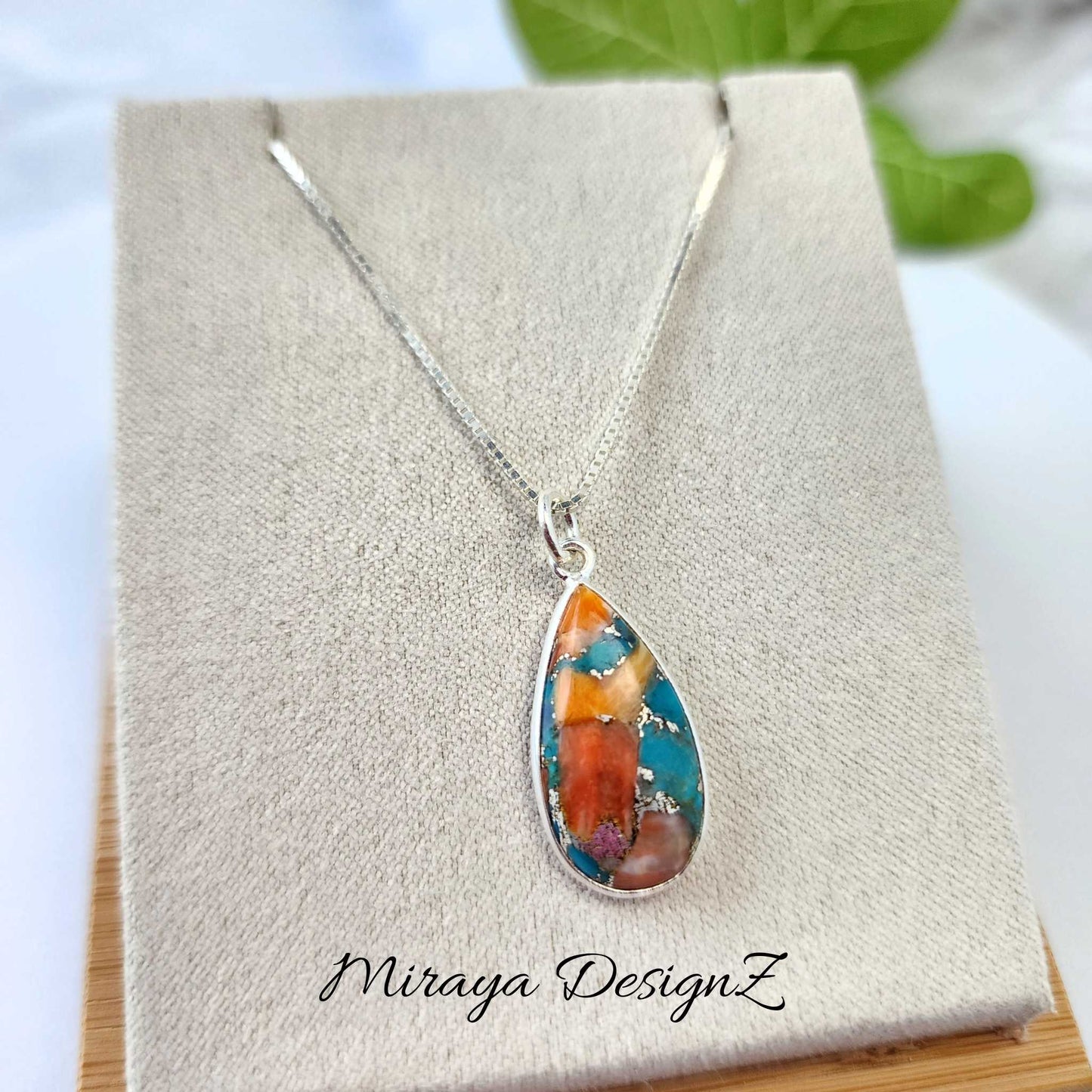 Blue & Orange Oyster Turquoise Necklace - Teardrop