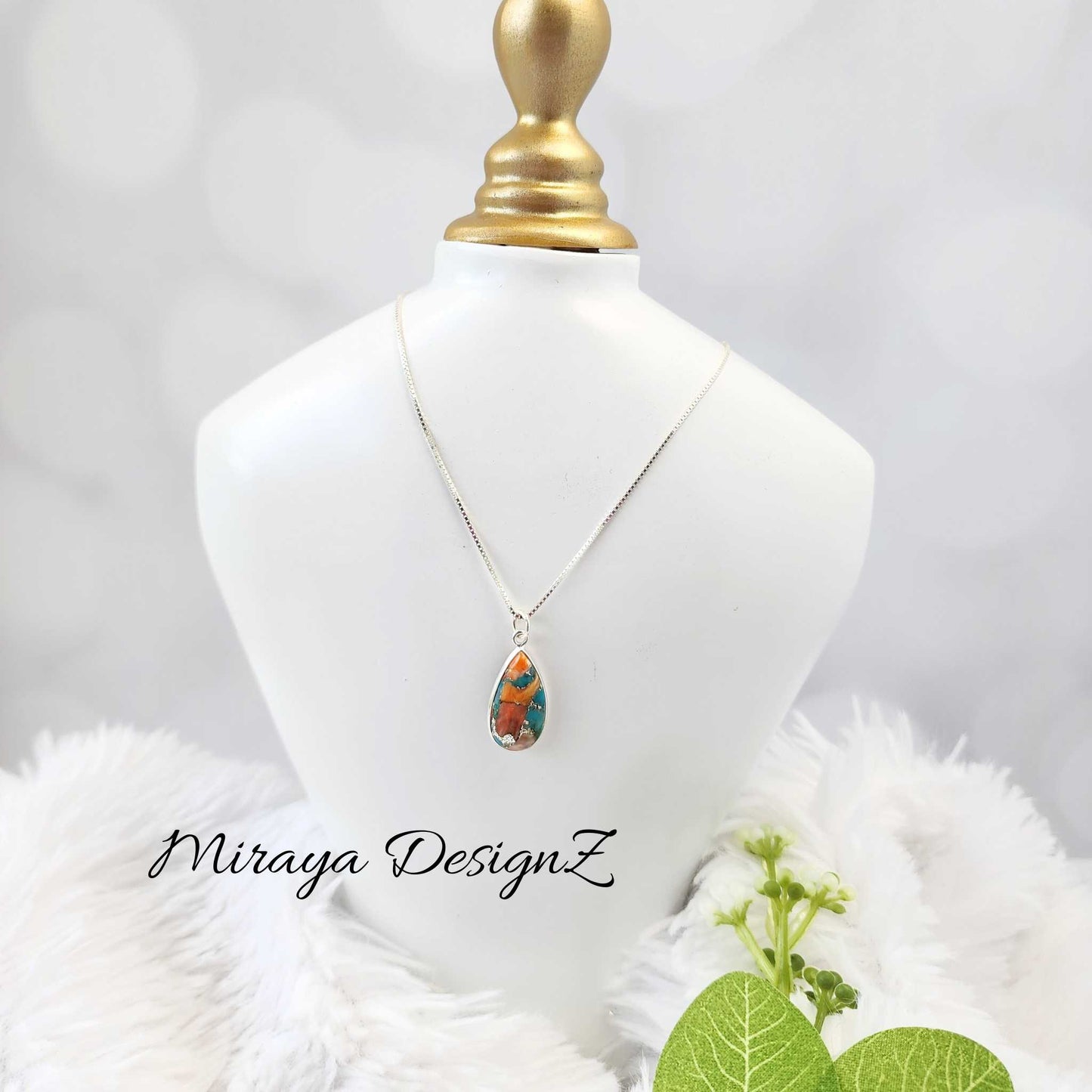 Blue & Orange Oyster Turquoise Necklace - Teardrop