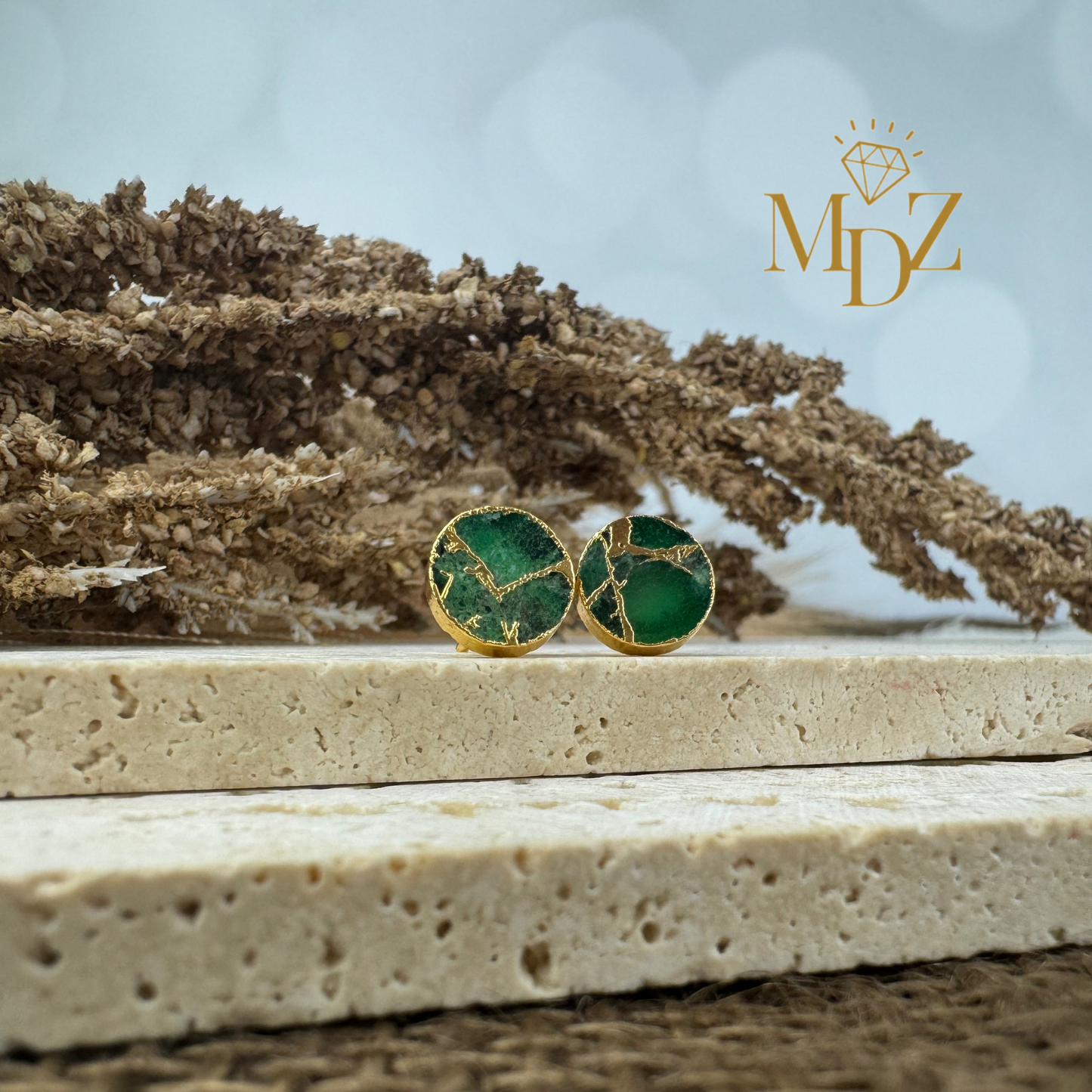 Emerald Mojave Turquoise Kintsugi Studs, Minimalist Emerald Earrings, Green-Gold Circle Studs, May Birthstone Jewelry.