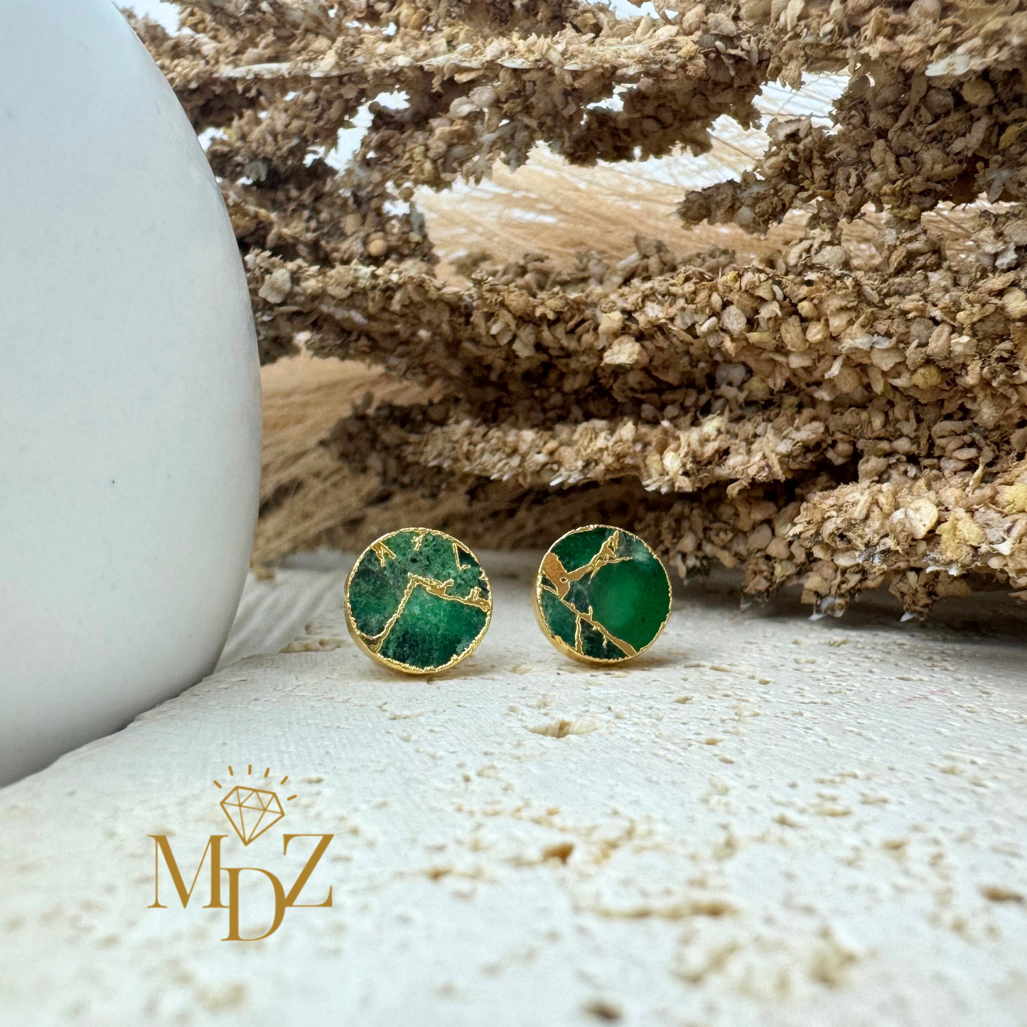 Emerald Mojave Turquoise Kintsugi Studs, Minimalist Emerald Earrings, Green-Gold Circle Studs, May Birthstone Jewelry.