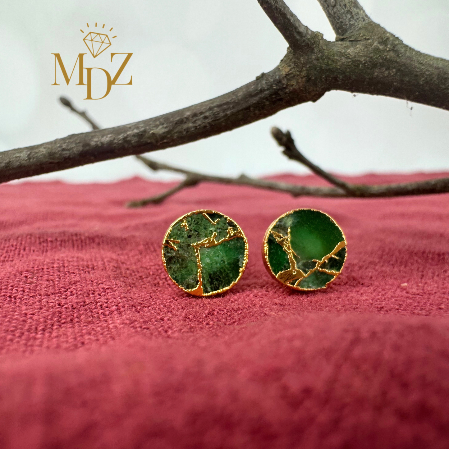 Emerald Mojave Turquoise Kintsugi Studs, Minimalist Emerald Earrings, Green-Gold Circle Studs, May Birthstone Jewelry.