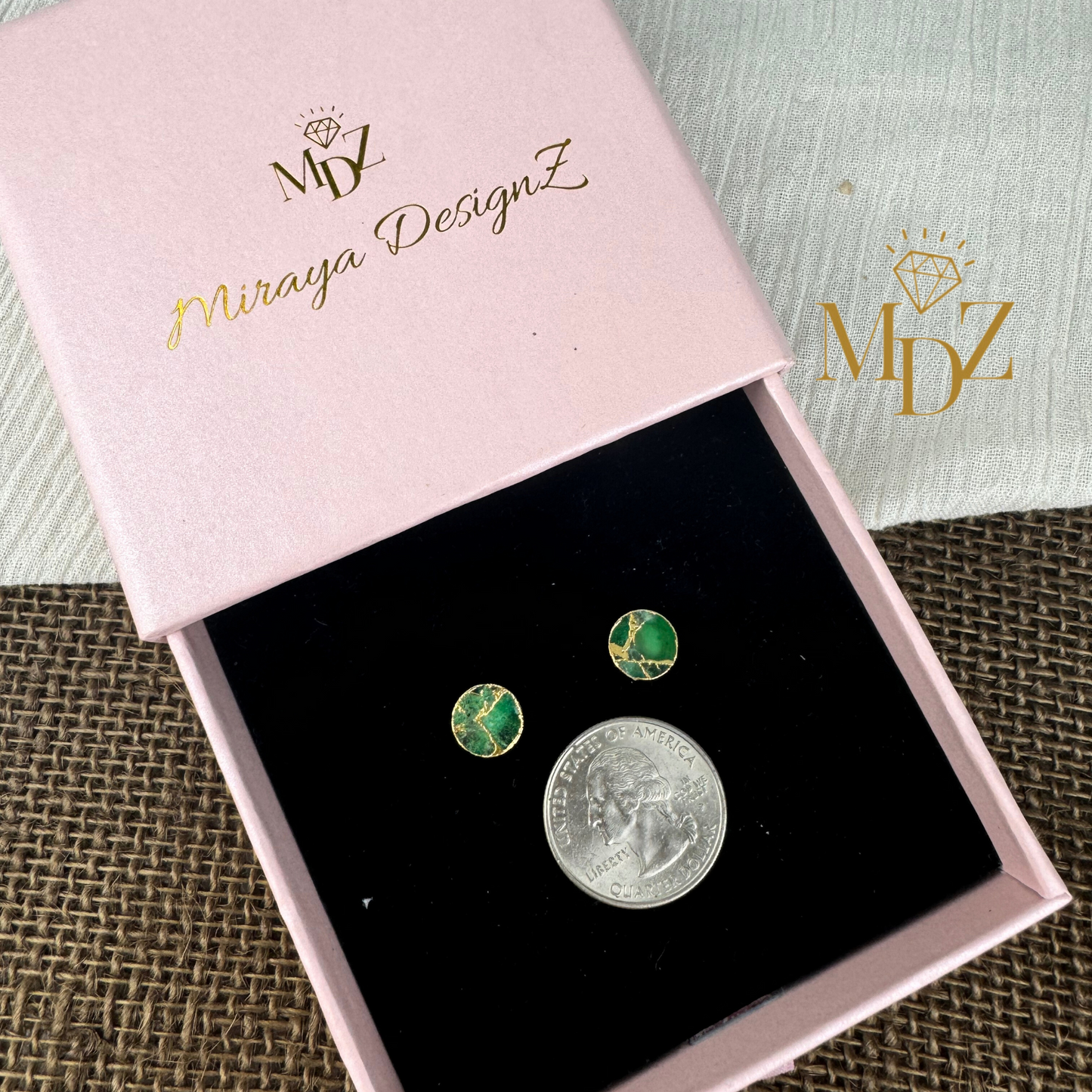 Emerald Mojave Turquoise Kintsugi Studs, Minimalist Emerald Earrings, Green-Gold Circle Studs, May Birthstone Jewelry.