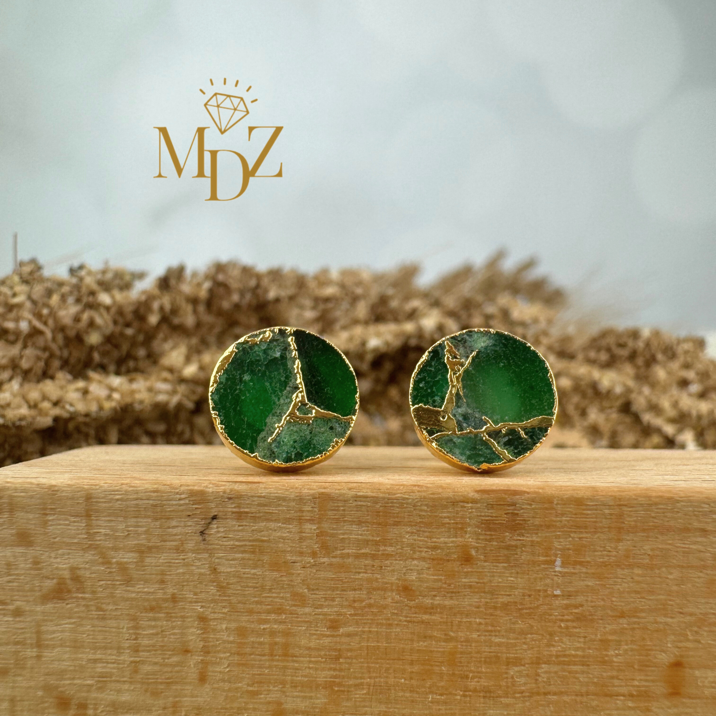 Emerald Mojave Turquoise Kintsugi Studs, Minimalist Emerald Earrings, Green-Gold Circle Studs, May Birthstone Jewelry.