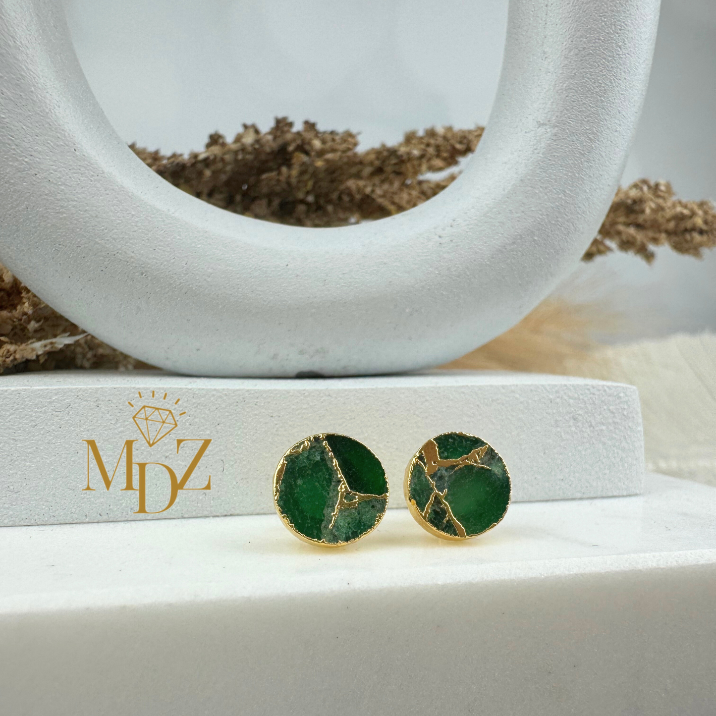 Emerald Mojave Turquoise Kintsugi Studs, Minimalist Emerald Earrings, Green-Gold Circle Studs, May Birthstone Jewelry.