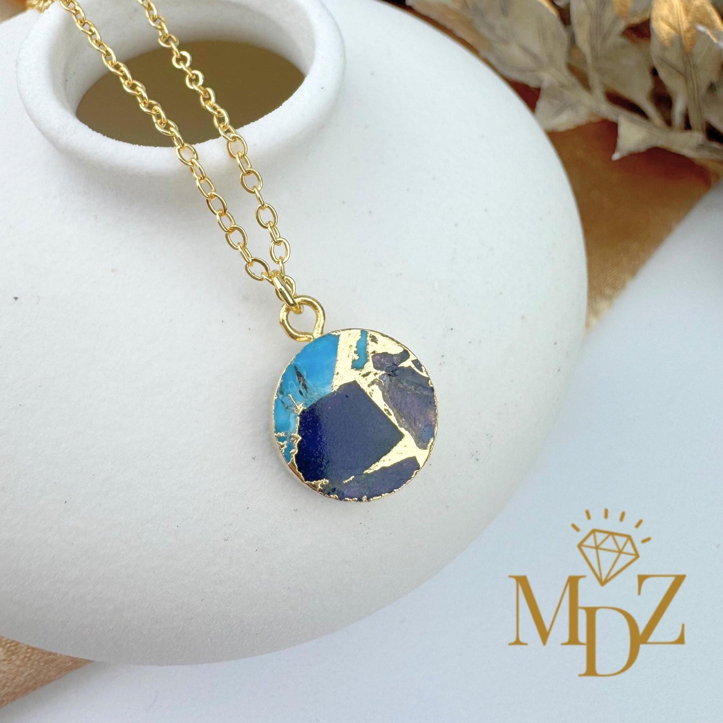 Round Mojave Turquoise Necklace with Kintsugi Touch, Minimalist Necklace, NMR003