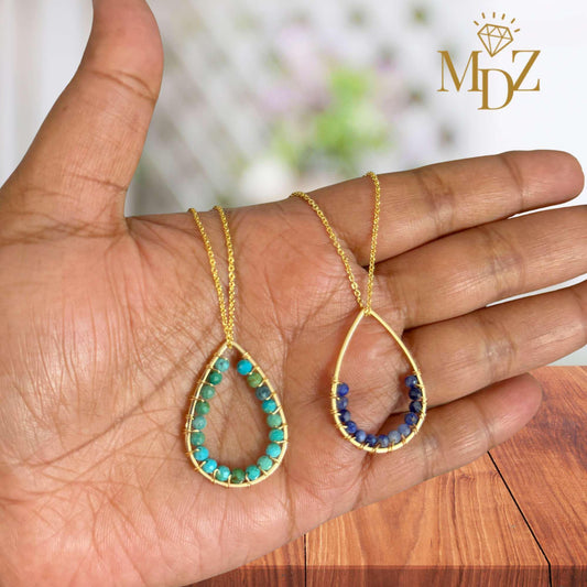 Handmade Gold Teardrop Wire Wrapped Necklace: Turquoise, Pearl & Gemstone Boho Pendant