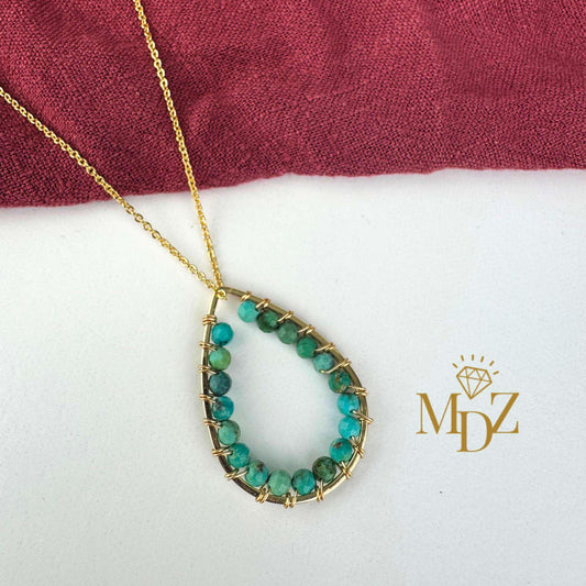 Handmade Gold Teardrop Wire Wrapped Necklace: Turquoise, Pearl & Gemstone Boho Pendant