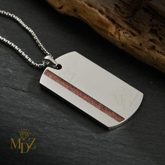 Stainless Steel Dog Tag Necklace: Opal Inlay Stripe Pendant