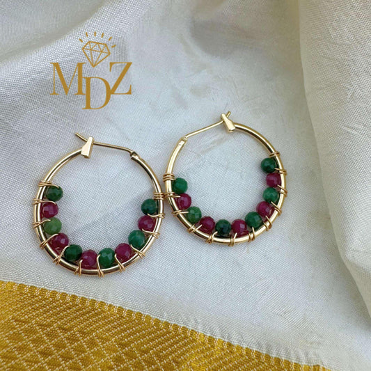 Handmade Christmas Gold Hoop Earrings : Ruby and Jade Gemstone Jewelry