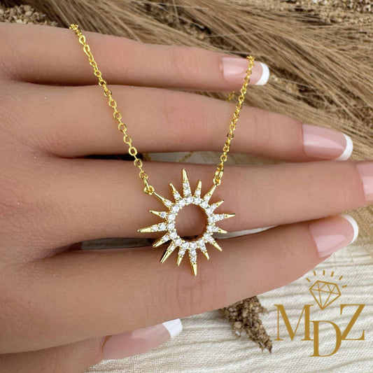Celestial Sunburst Necklace, Dainty 18K Gold Plated CZ Pendant