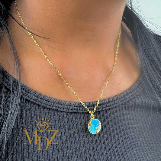 Turquoise Blue Round Mojave Turquoise Necklace : Kintsugi Inspired Minimalist Pendant, December Birthstone Jewelry