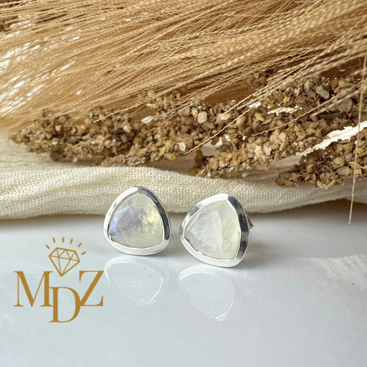 Sterling Silver Triangle Rainbow Moonstone Stud Earrings : June Birthstone Jewelry