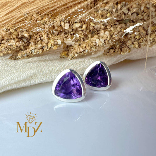 Sterling Silver Triangle Amethyst Stud Earrings : February Birthstone Jewelry