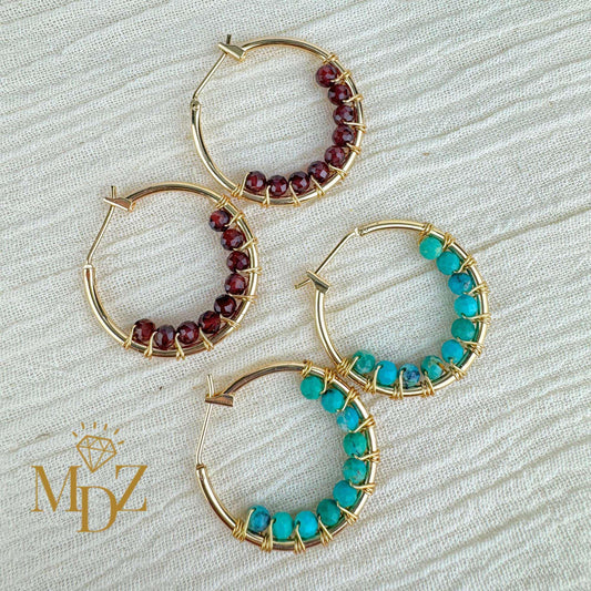 18K Gold Wire Wrapped Thin Hoop Earrings: Garnet, Moonstone & Turquoise Birthstone Jewelry