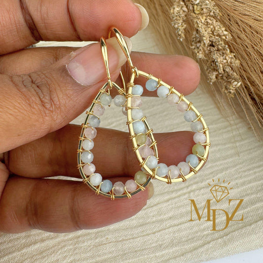 18K Gold Wire Wrapped Gemstone Teardrop Dangle Earrings : Minimalist Handmade Beaded Jewelry