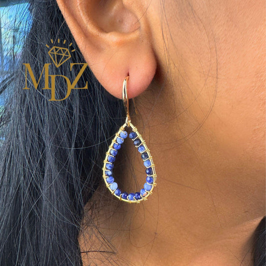 18K Gold Wire Wrapped Gemstone Teardrop Dangle Earrings : Minimalist Handmade Beaded Jewelry