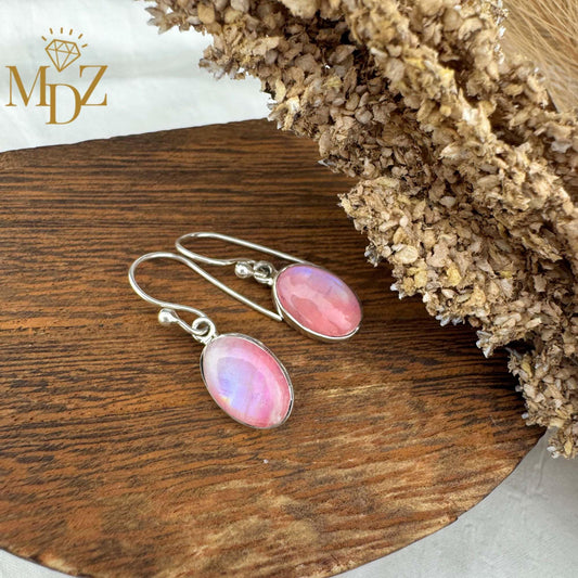 Sterling Silver Pink Moonstone Drop Earrings: Minimalist Oval Jewelry, June Birthstone Gift
