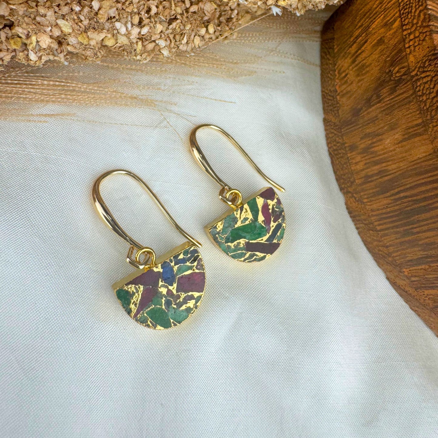 Gold Multi Color Mojave Turquoise Dangle Earrings: Kintsugi Inspired Minimalist Rainbow Earrings