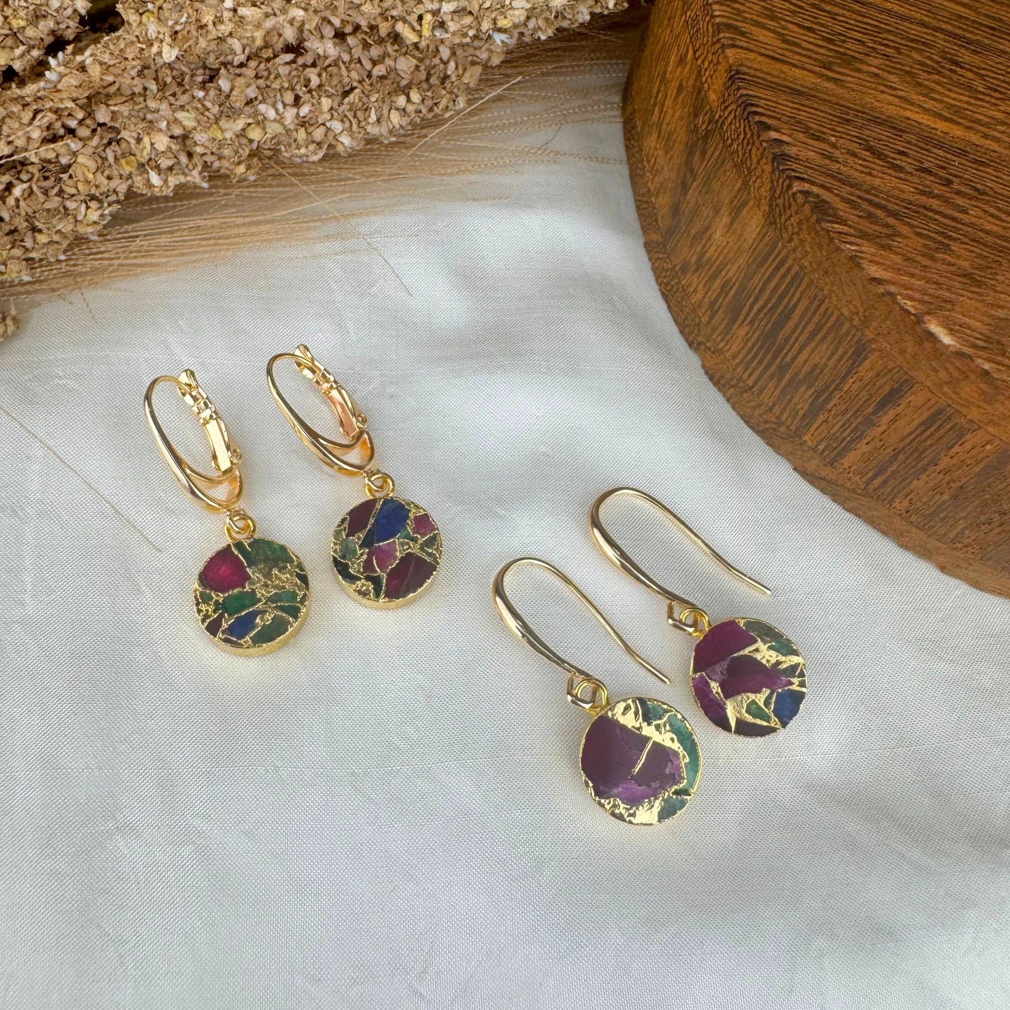 Gold Multi Color Mojave Turquoise Dangle Earrings: Kintsugi Inspired Minimalist Rainbow Earrings