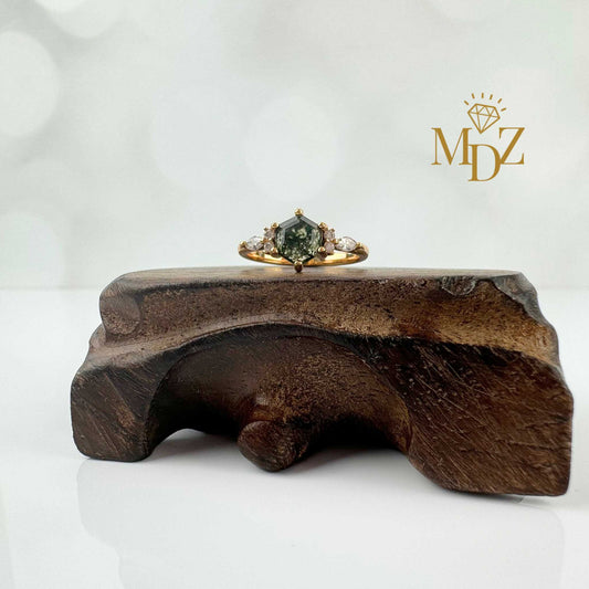 Moss Agate Ring - Hexagon Cut
