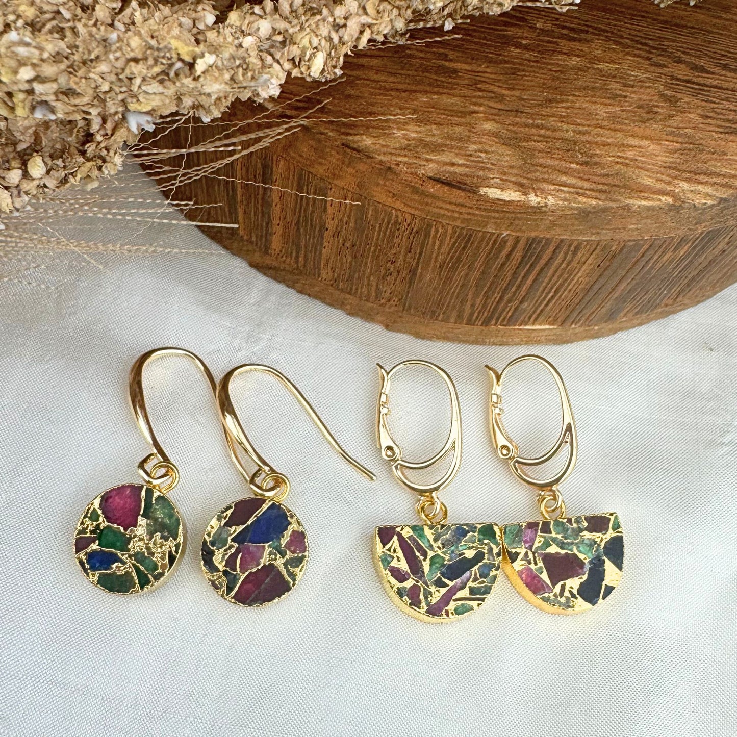 Gold Multi Color Mojave Turquoise Dangle Earrings: Kintsugi Inspired Minimalist Rainbow Earrings