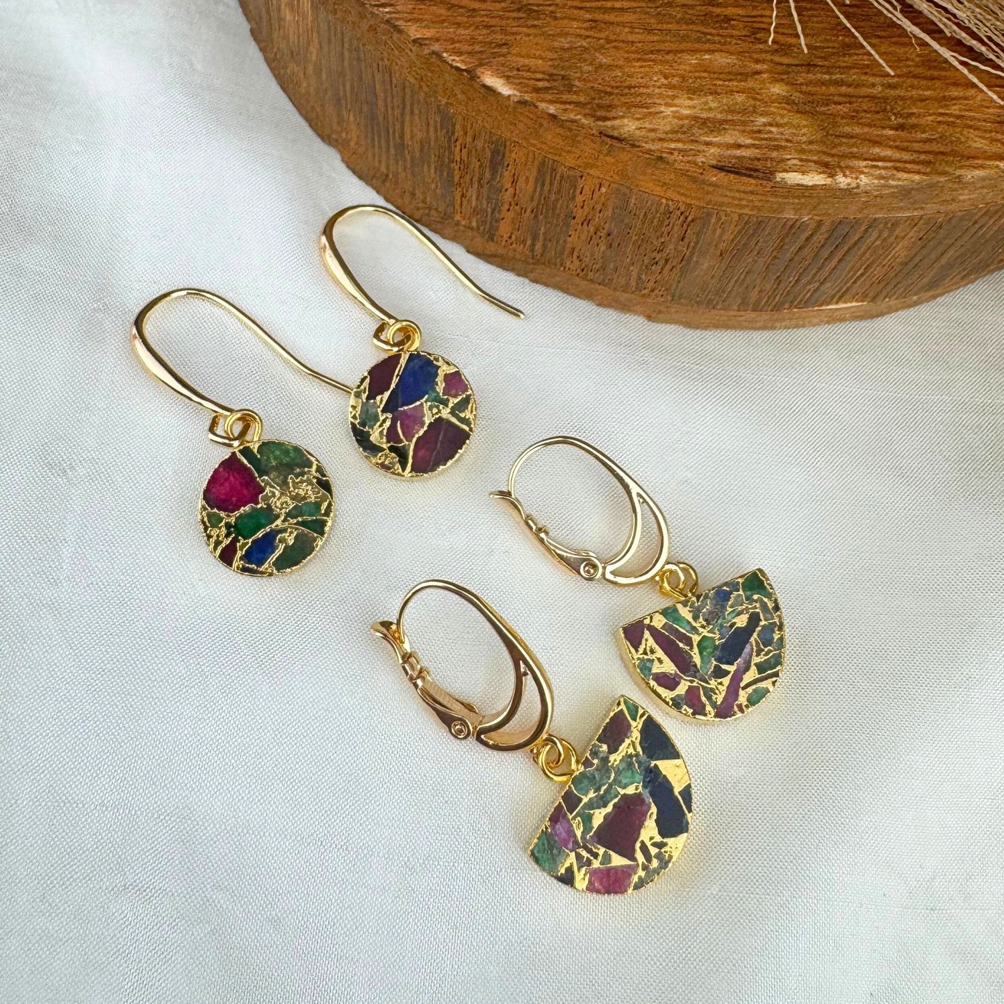 Gold Multi Color Mojave Turquoise Dangle Earrings: Kintsugi Inspired Minimalist Rainbow Earrings