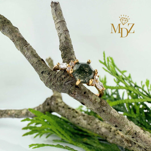 Moss Agate Ring - Hexagon Cut