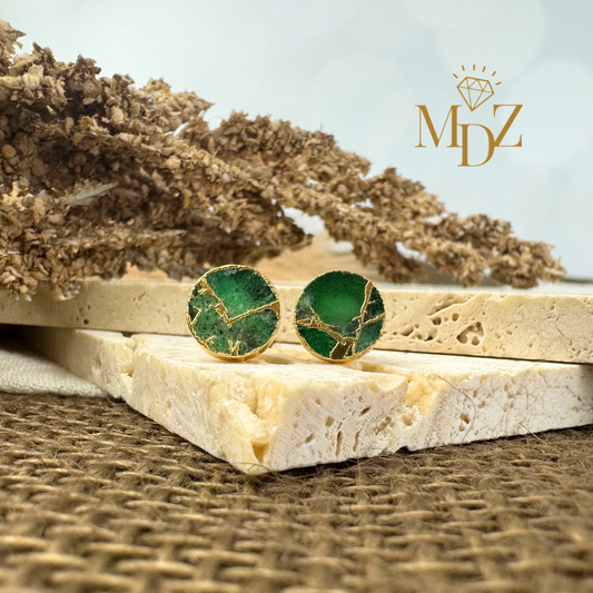 Emerald Mojave Turquoise Kintsugi Studs, Minimalist Emerald Earrings, Green-Gold Circle Studs, May Birthstone Jewelry.