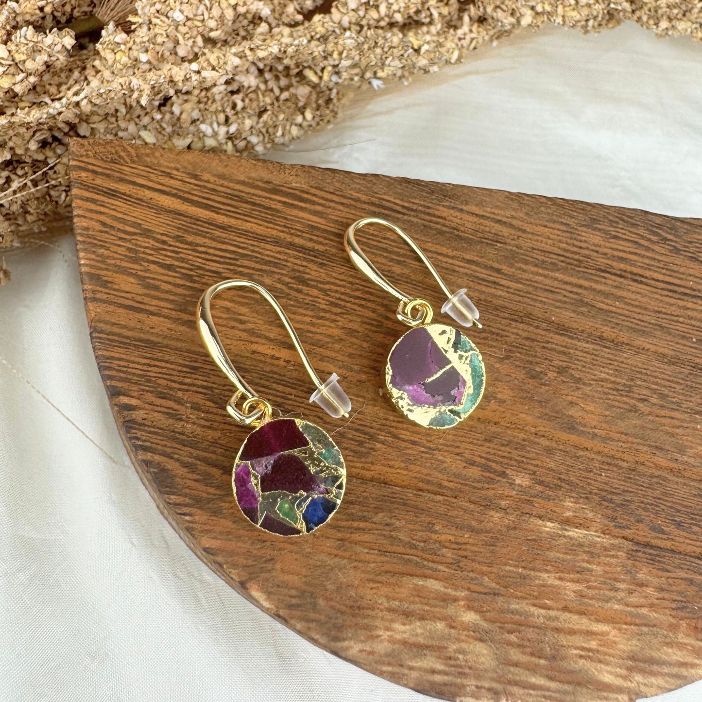 Gold Multi Color Mojave Turquoise Dangle Earrings: Kintsugi Inspired Minimalist Rainbow Earrings