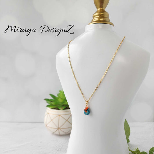 Minimalist Teardrop Necklace - Orange Turquoise