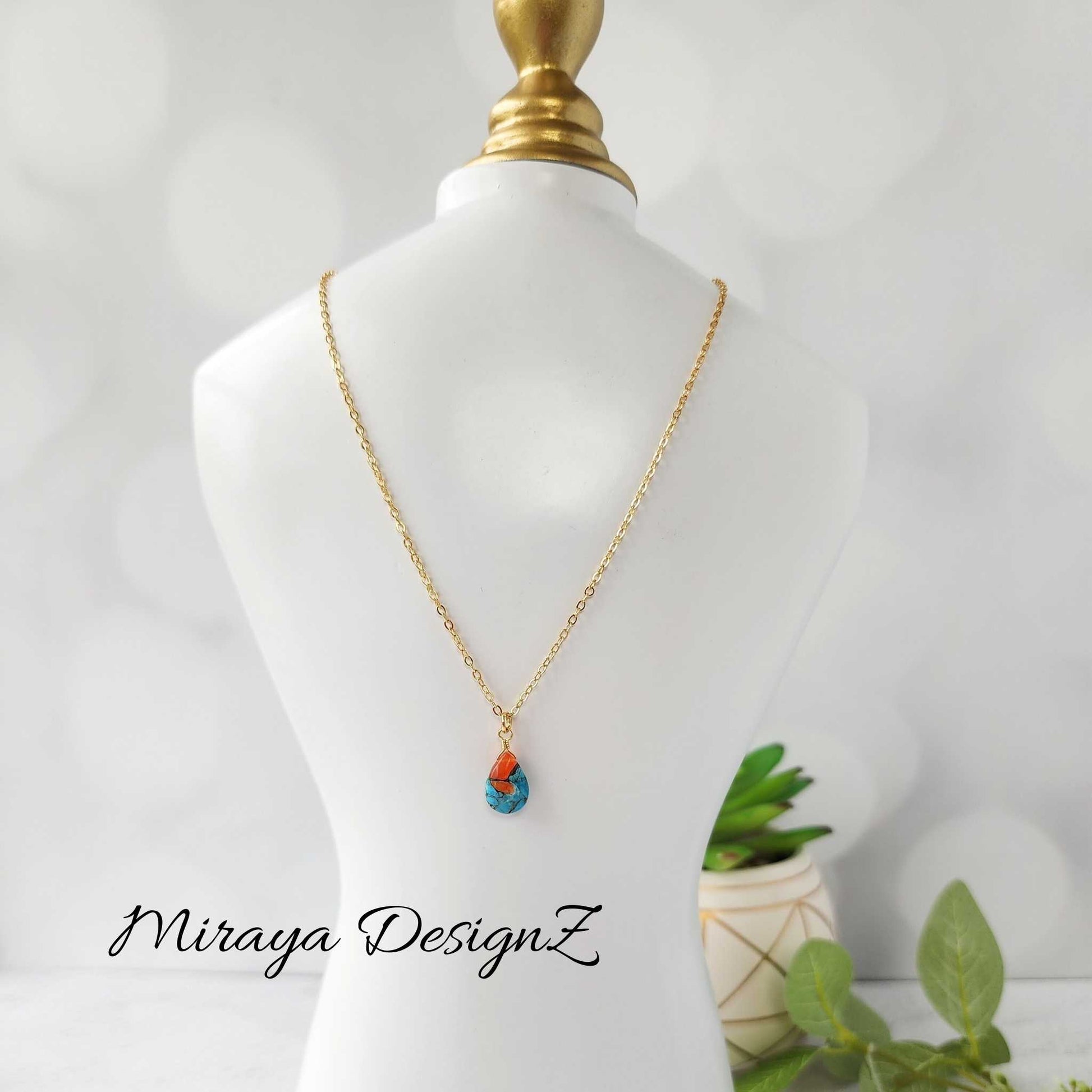 Minimalist Teardrop Necklace - Orange Turquoise