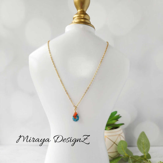 Minimalist Teardrop Necklace - Orange Turquoise