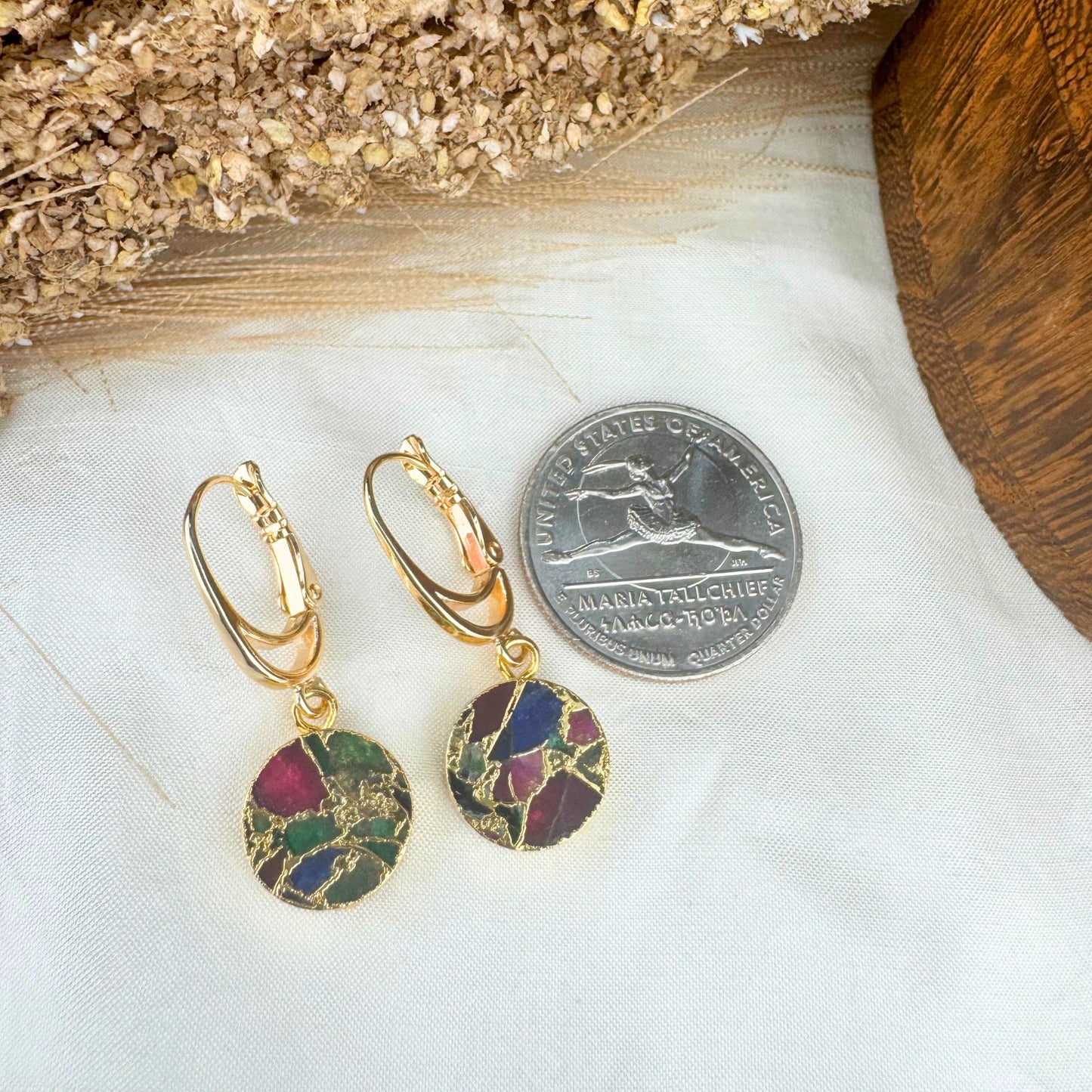 Gold Multi Color Mojave Turquoise Dangle Earrings: Kintsugi Inspired Minimalist Rainbow Earrings