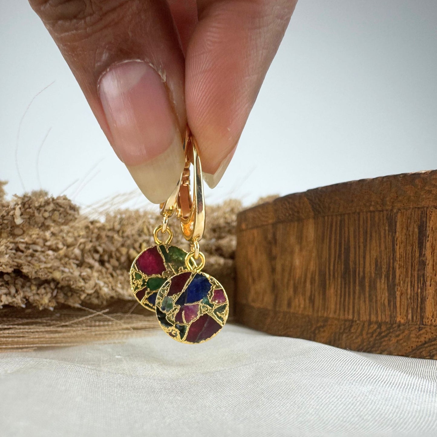 Gold Multi Color Mojave Turquoise Dangle Earrings: Kintsugi Inspired Minimalist Rainbow Earrings