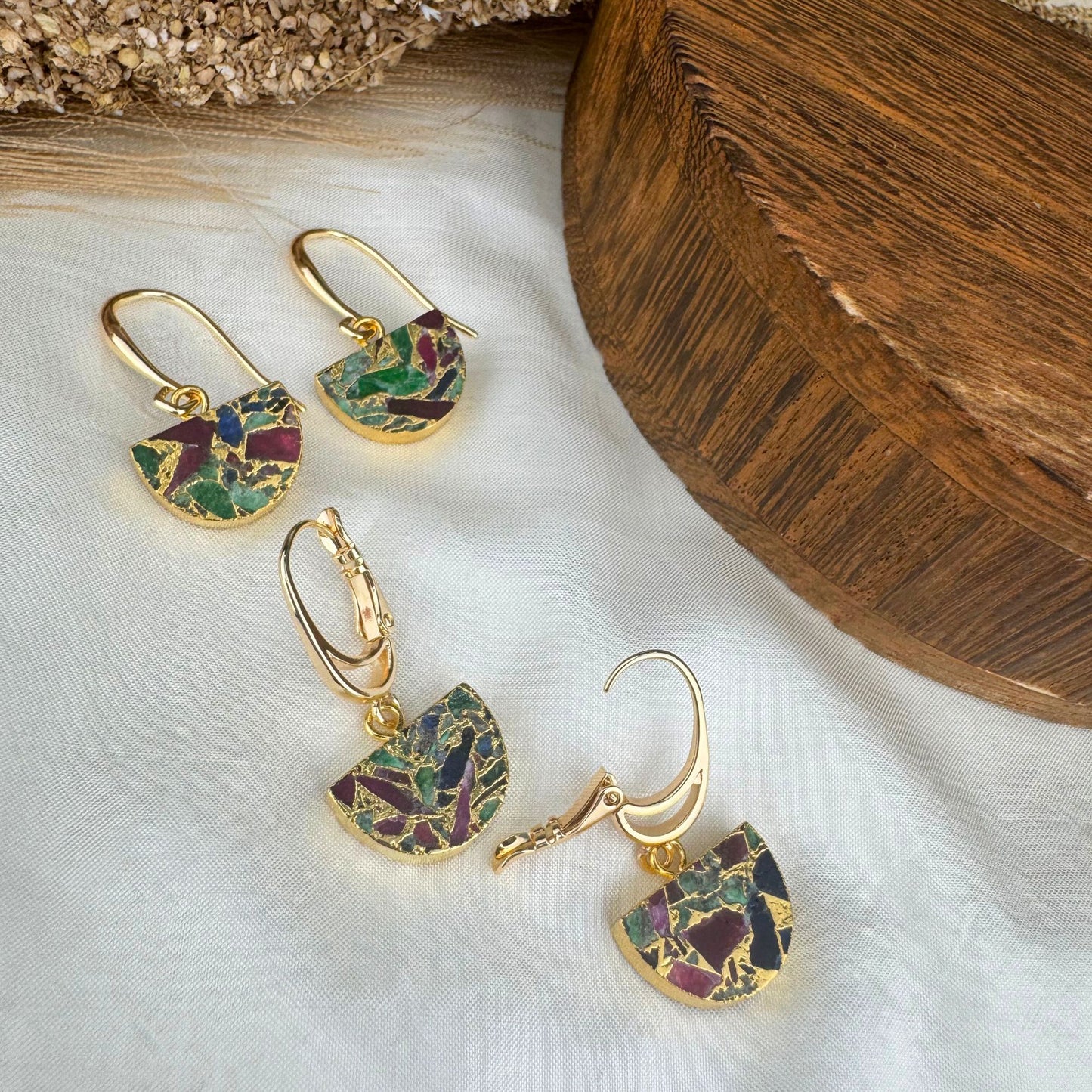 Gold Multi Color Mojave Turquoise Dangle Earrings: Kintsugi Inspired Minimalist Rainbow Earrings