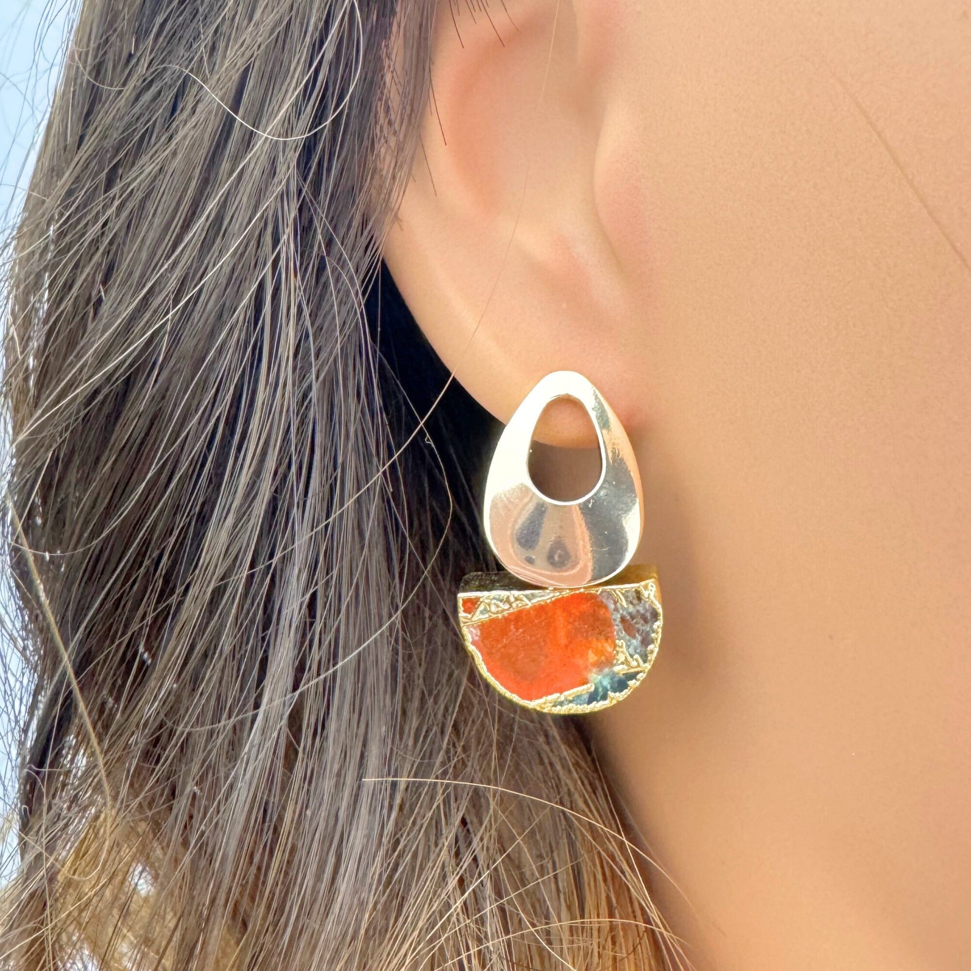 Mojave Turquoise Earrings in Half Circle Shape orange black color