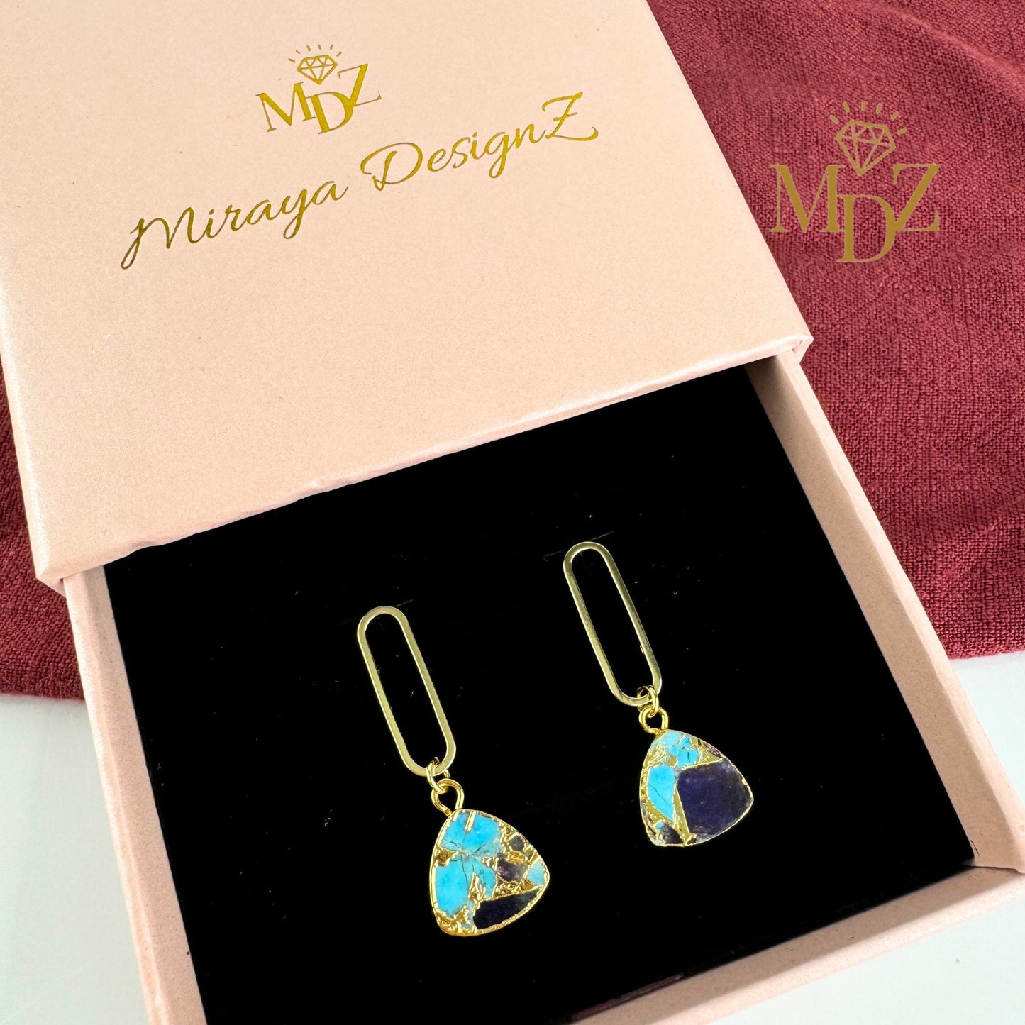 Long Mojave Turquoise Earrings in Trilliant Shape