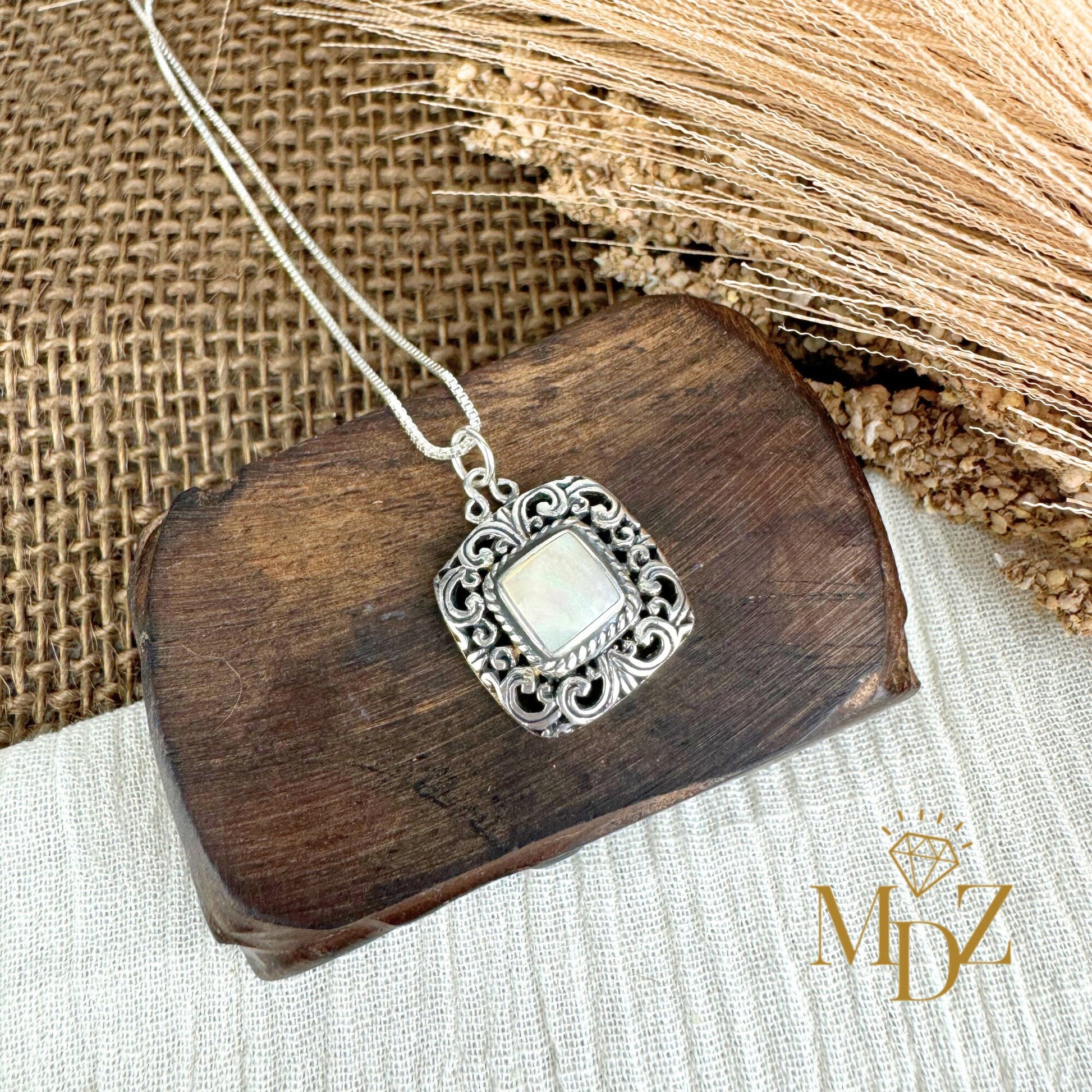 Vintage Square Mother of Pearl Sterling Silver Necklace