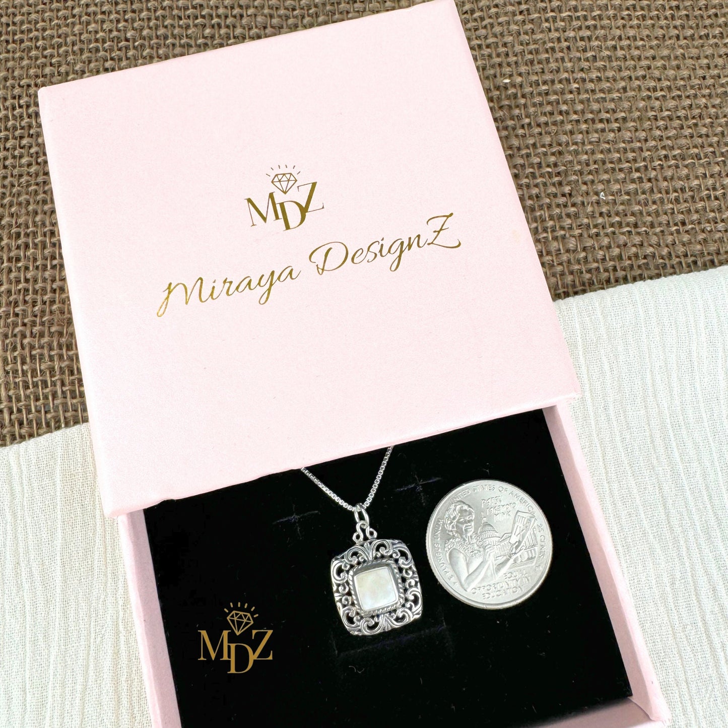 Vintage Square Mother of Pearl Sterling Silver Necklace