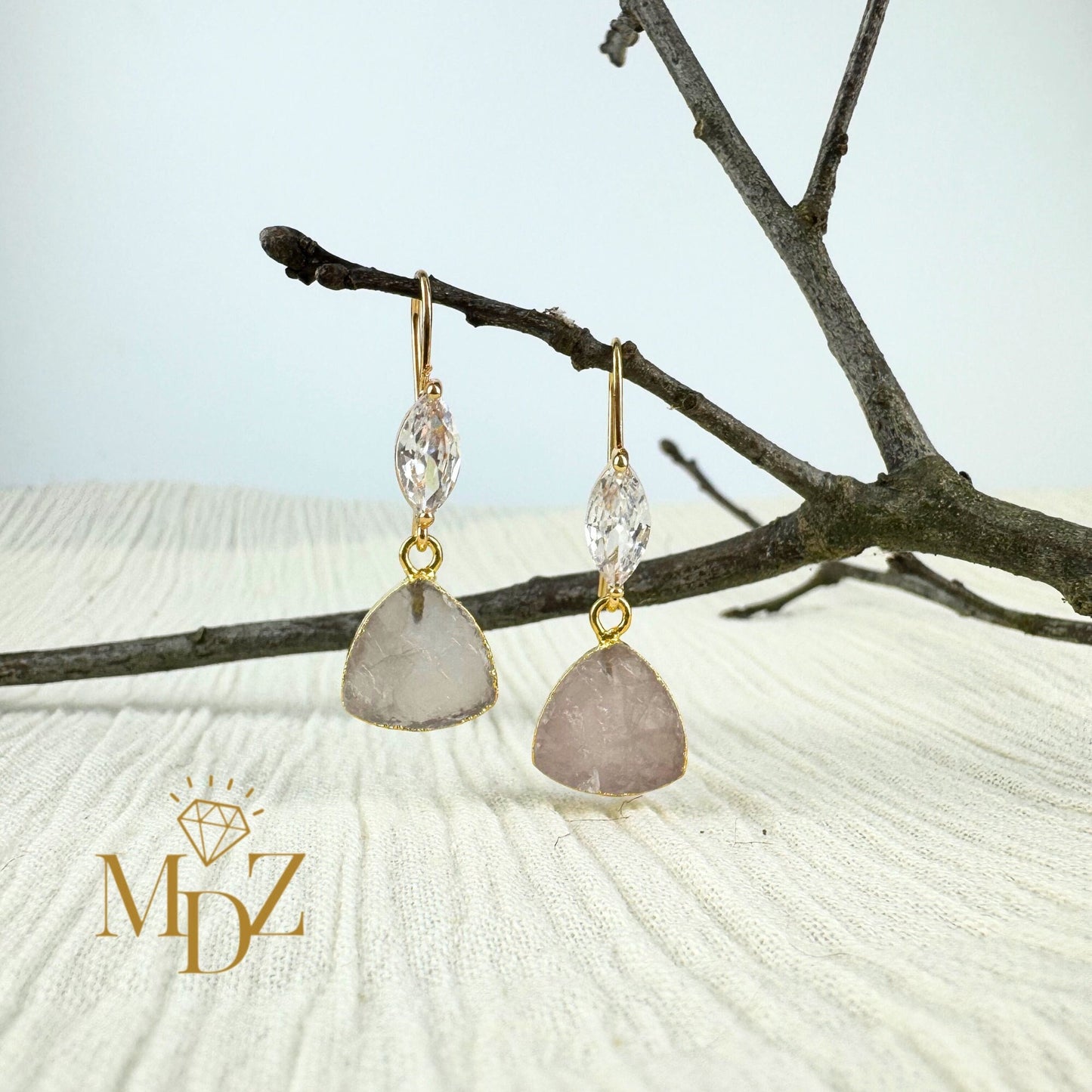 Gold Rose Quartz Dangle Earrings