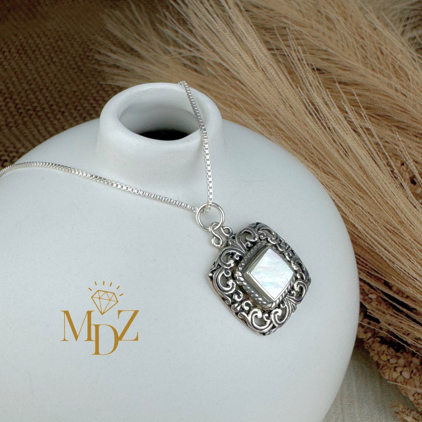 Vintage Square Mother of Pearl Sterling Silver Necklace