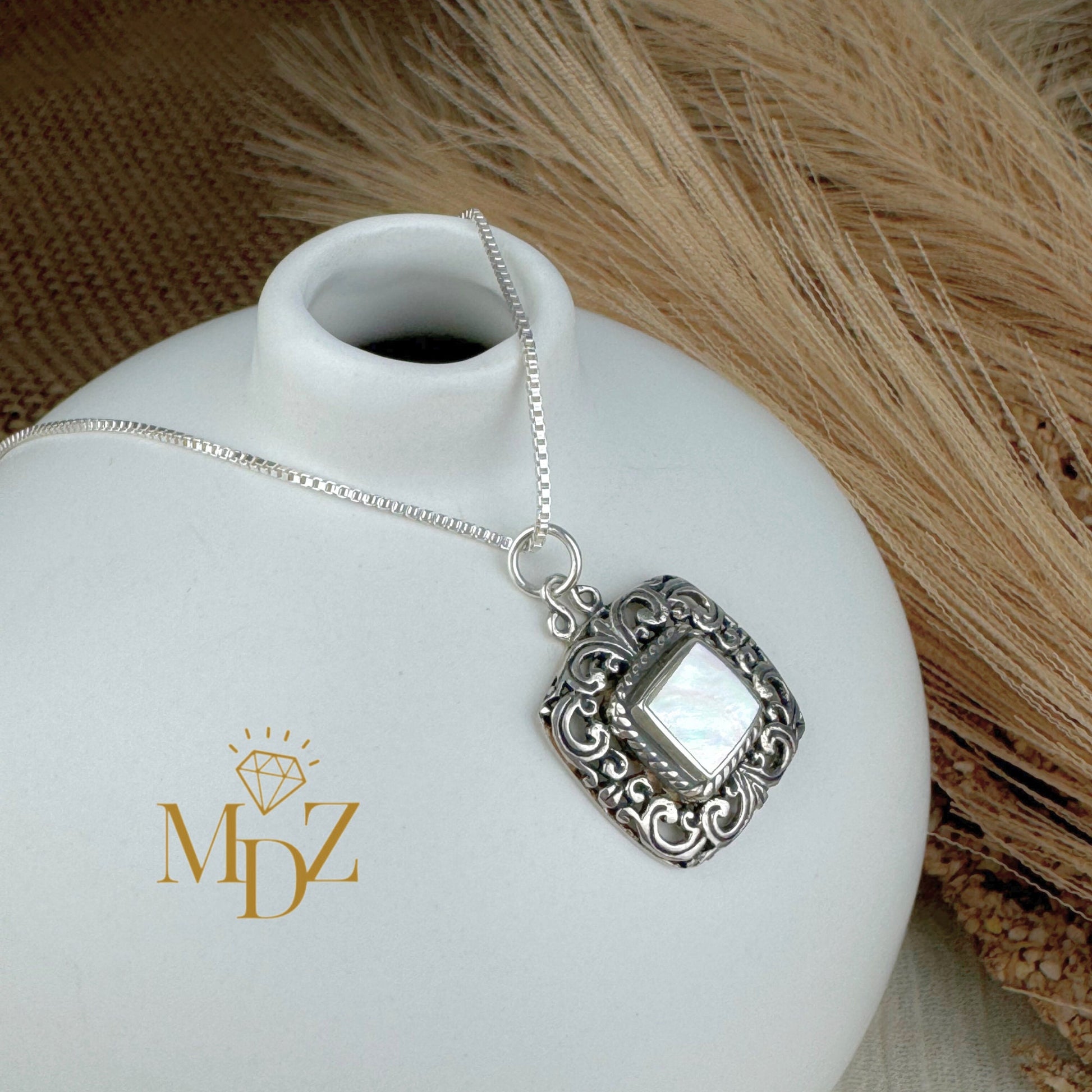 Vintage Square Mother of Pearl Sterling Silver Necklace