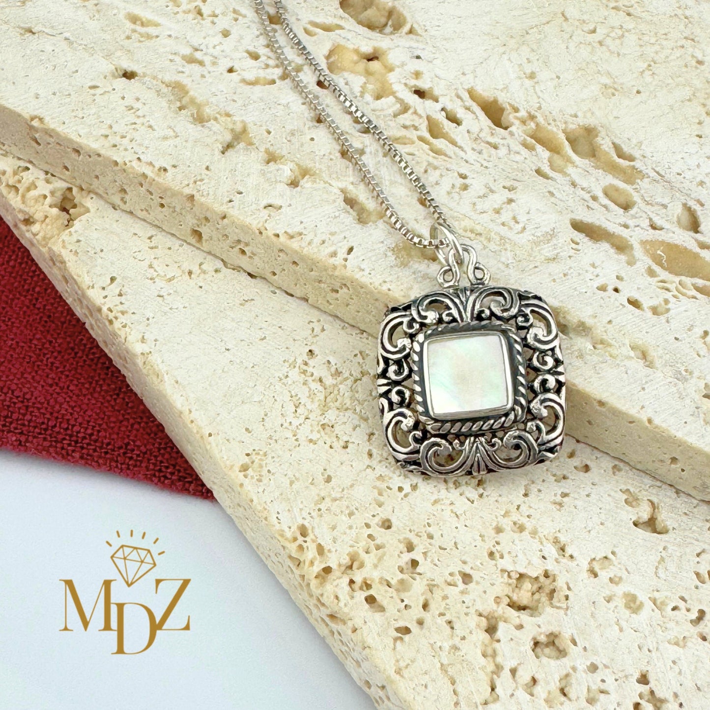 Vintage Square Mother of Pearl Sterling Silver Necklace