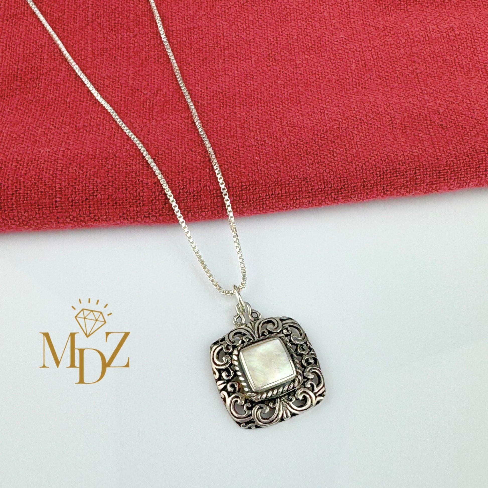 Vintage Square Mother of Pearl Sterling Silver Necklace