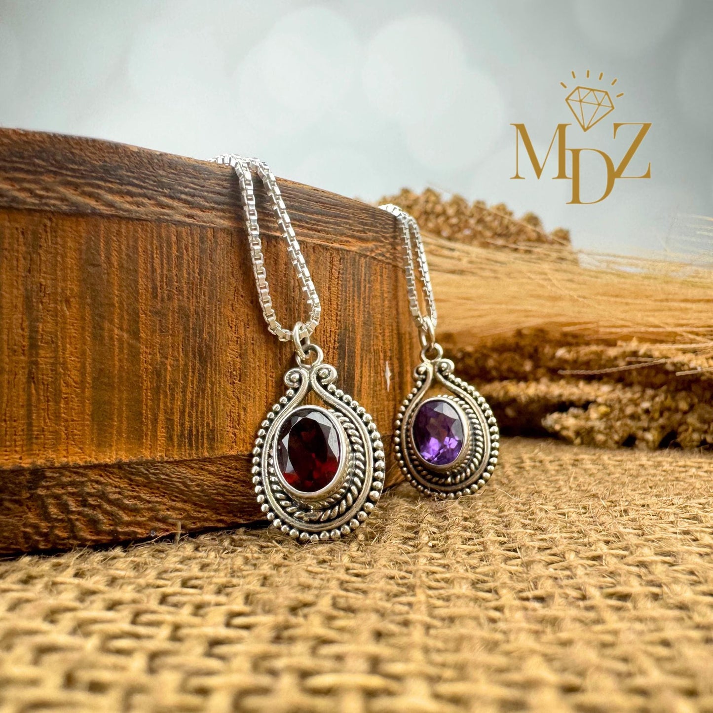Vintage Oval Sterling Silver Pendant with Amethyst or Garnet