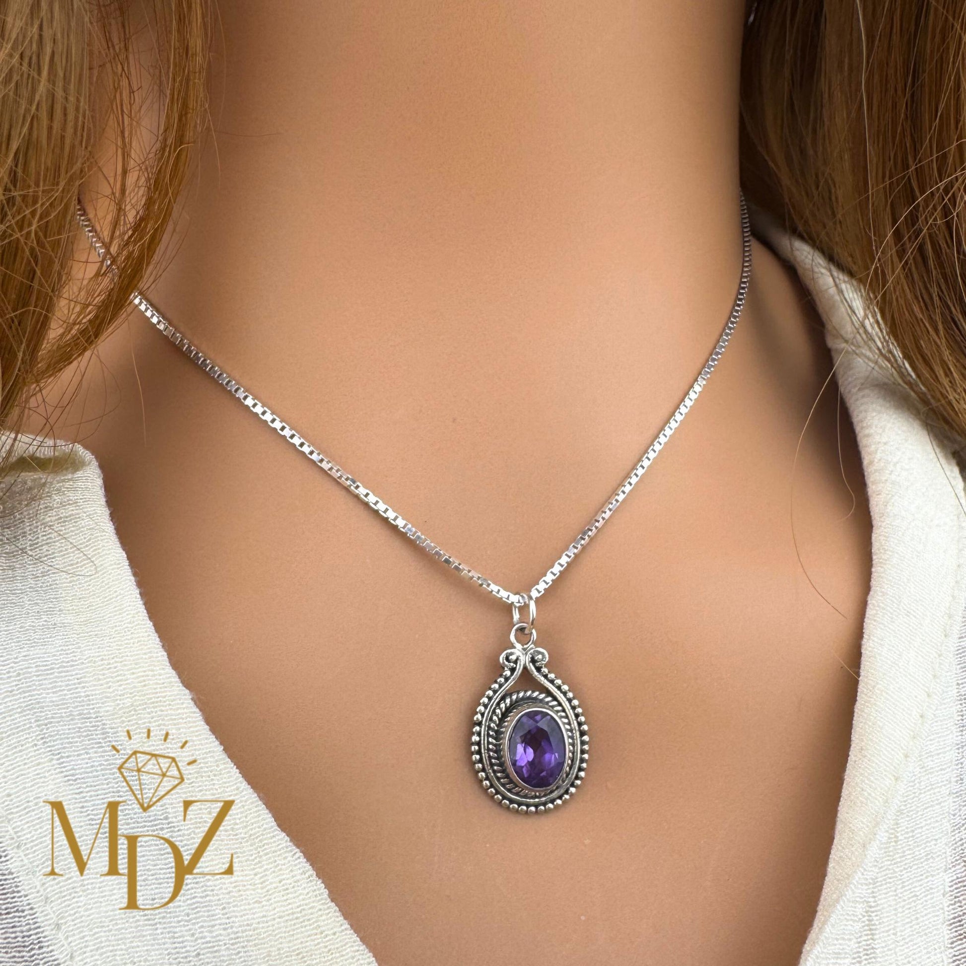 Vintage Oval Sterling Silver Pendant with Amethyst or Garnet