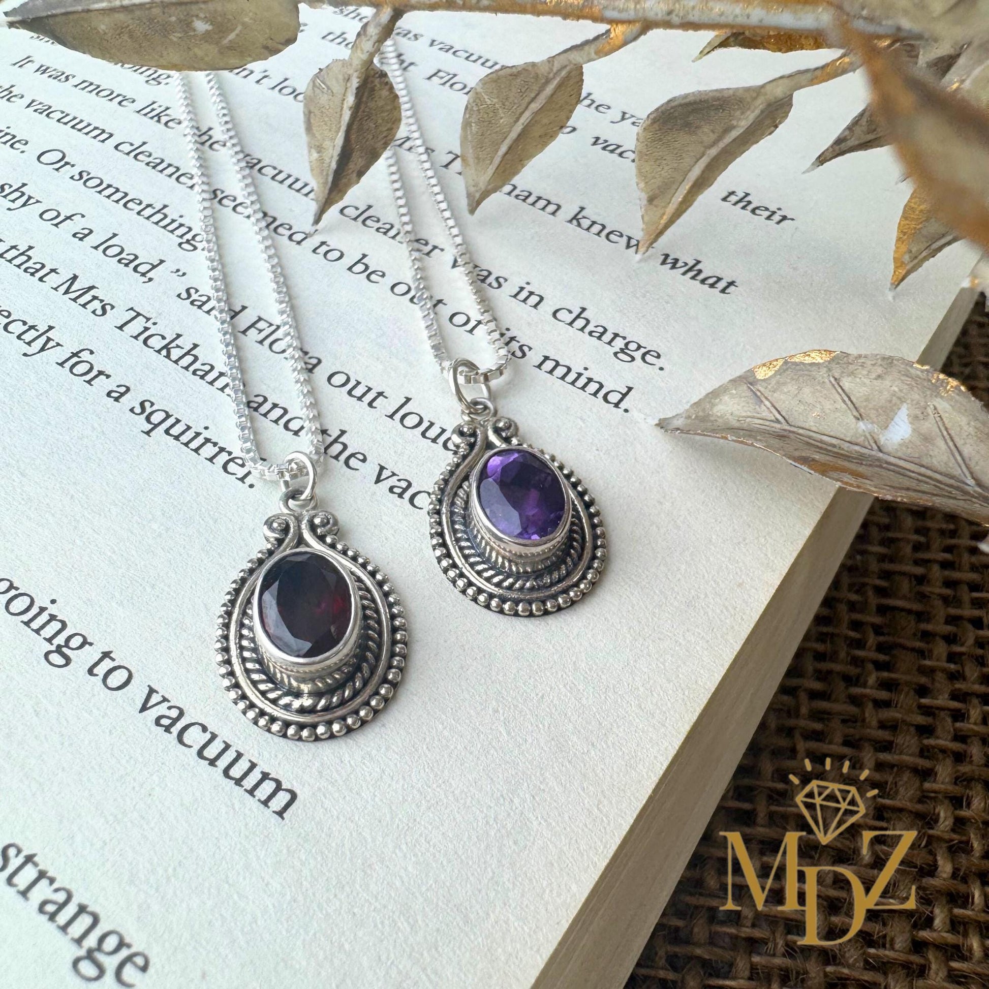 Vintage Oval Sterling Silver Pendant with Amethyst or Garnet