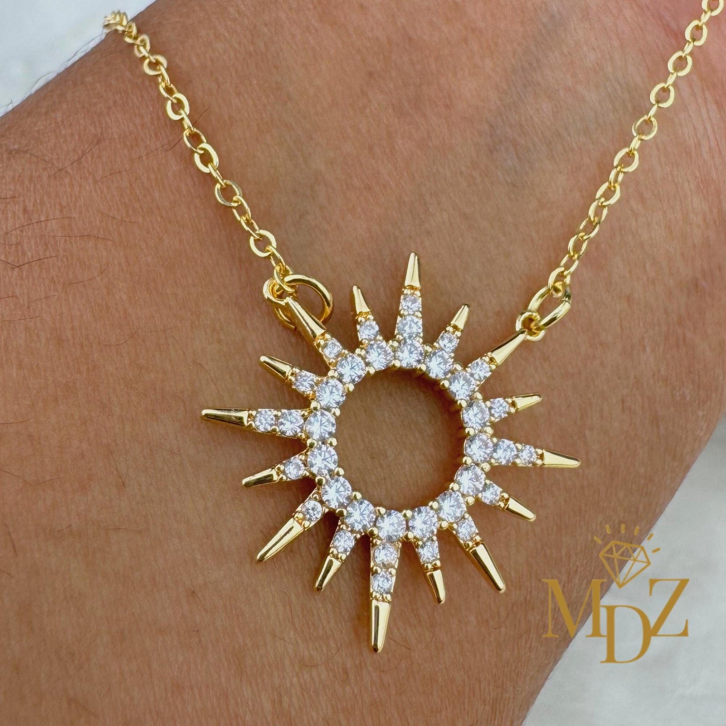 Celestial Sunburst Necklace, Dainty 18K Gold Plated CZ Pendant